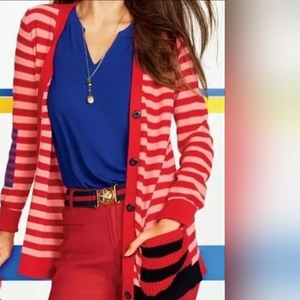 M CABI LIGHTWEIGHT SUMMER STRIPED NAUTICAL LONG LINE CARDIGAN SWEATER MEDIUM